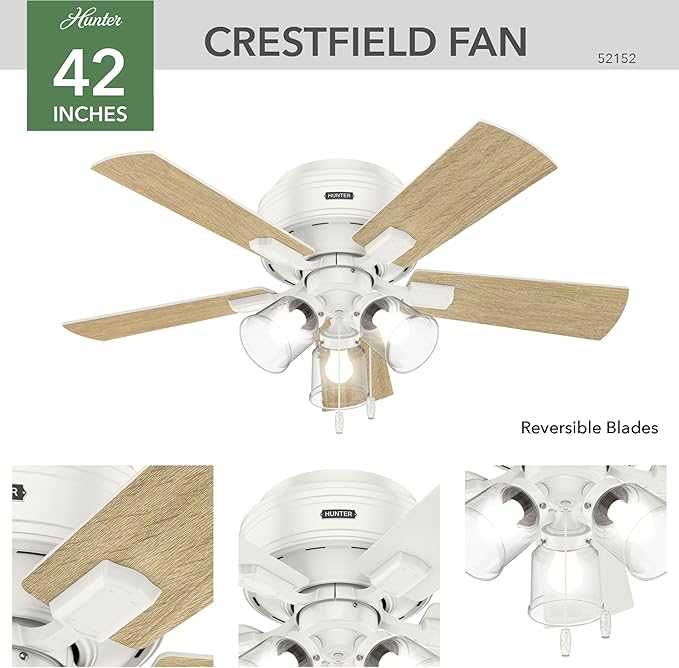 Hunter Fan Company 52152, 42 inch Crestfield Fresh White Low Profile Flush Mount Ceiling Fan with Lights LED and Pull Chain