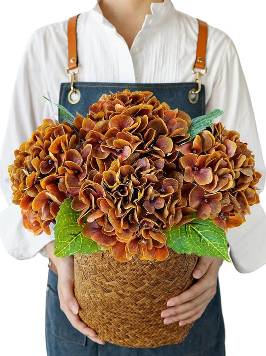 Fall Hydrangea Artificial Flowers, 4Pcs 21” Latex Real Touch Flowers, Faux Silk Flowers Fake Artificial Hydrangeas with Stems for Bouquet Table Centerpieces Halloween （Raw Umber Brown）