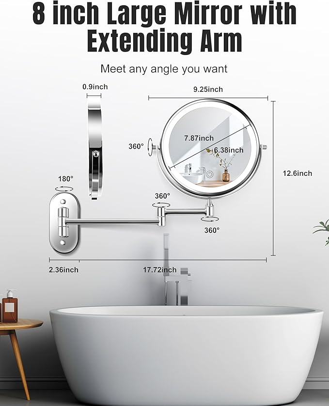 Wall Mounted Makeup Mirror with Light, 20X/1X 8'' Double Sided LED Magnifying Bathroom Lighted Vanity Mirror with Magnification, 3 Color Light up Touch Dimmable Extended Arm 360 Rotation