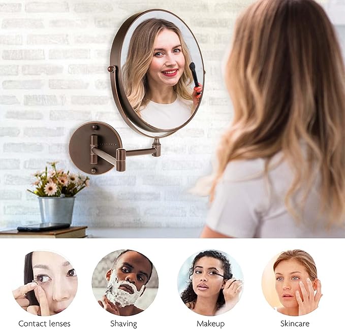 OVENTE 9" Wall Mounted Makeup Mirror with 1X/10X Magnification, Double Sided Magnifying Round Bathroom Vanity Mirror, 360° Swivel Design, Extendable and Folding Arm, Antique Bronze MNLFW90ABZ1X10X