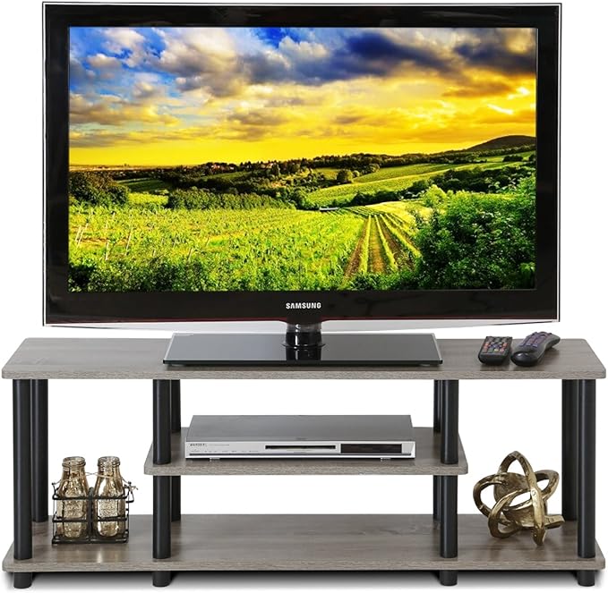 Furinno Turn-N-Tube No Tools 3D 3-Tier Entertainment TV Stand up to 50 inch TV, Round Tubes, French Oak Grey/Black