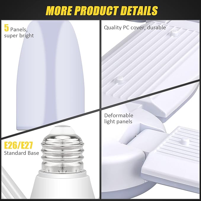 LED Garage Lights 4 Pack, 80W LED Shop Light with 4+1 Multi-Position Panels Deformable E26/E27 Ceiling Light, 6500k 8000LM Ceiling Led Daylight for Shop, Basement, Workshop, Attic, Barn