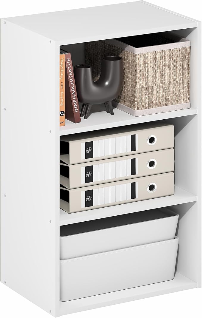 Furinno Basic Book Shelf, 3-Tier Bookshelf, Cube Storage Organizer Bookcase with Open Shelf, 11 x 17 x 26, for Living Room, Bedroom, Home Office, White