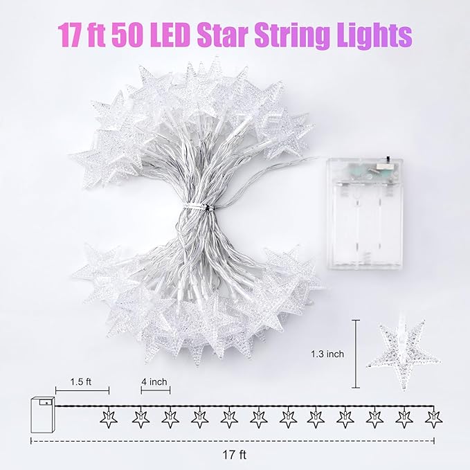 Minetom Star String Lights Battery Operated - 17 ft 50 LED Star Fairy String Lights with Timer, Waterproof for Indoor Bedroom Tent Loft Bed Patio Party Wedding Decor, Multi-Color