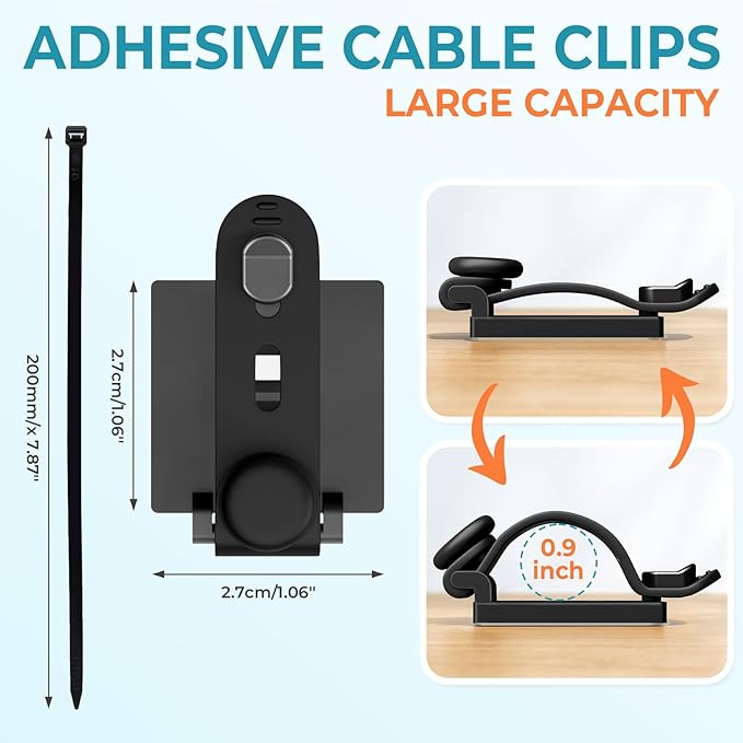 Kanemc Cable Clips Management Kit, 15 Cable Holder With Silicone Cord Ties, 15 Nylon Zip Tie, Extra 15 Screws & 8 Adjustable Cable Straps For Workspace Organizers PV Computer TV Under Desk Wire Setup