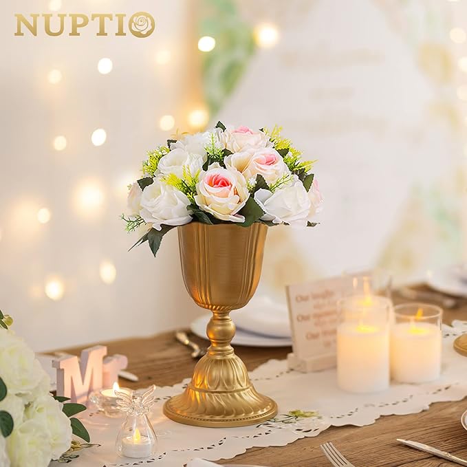 NUPTIO Pcs of 10 Fake Flower Ball Arrangement Bouquet,15 Heads Plastic Roses with Base, Suitable for Our Store's Wedding Centerpiece Flower Balls for Centerpieces Home Décor (Pink Champagne & White)