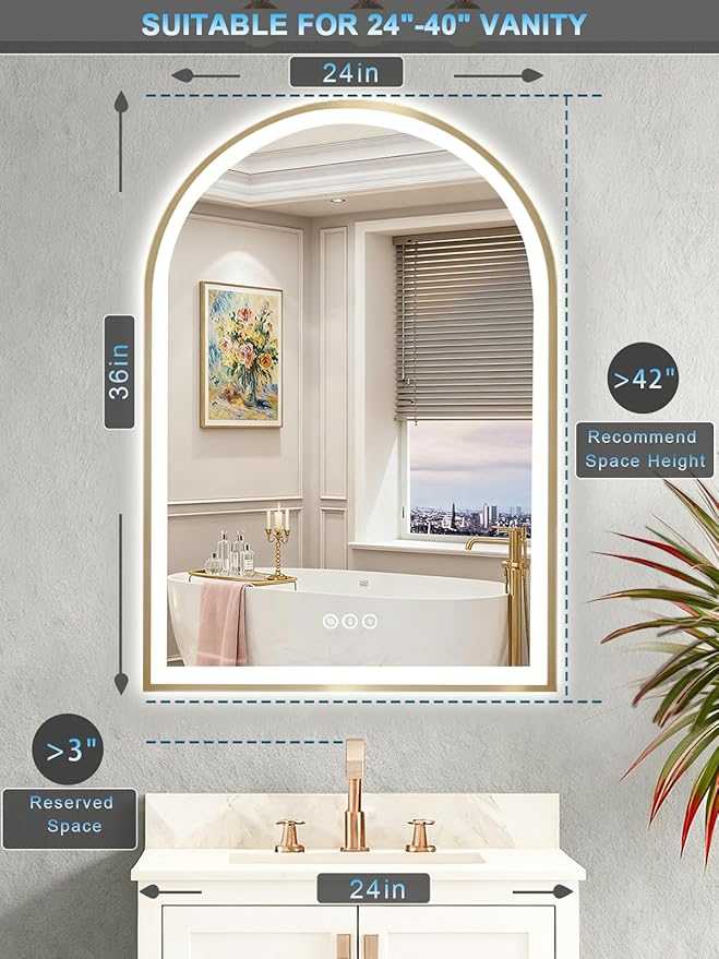 Gold Arch Mirror with Lights, 24x36 Inch Led Mirror for Bathroom, Wall-Mounted Mirror with Anti-Fog, Memory Function, 3 Color Temperature, Dimmable Led Bathroom Mirror