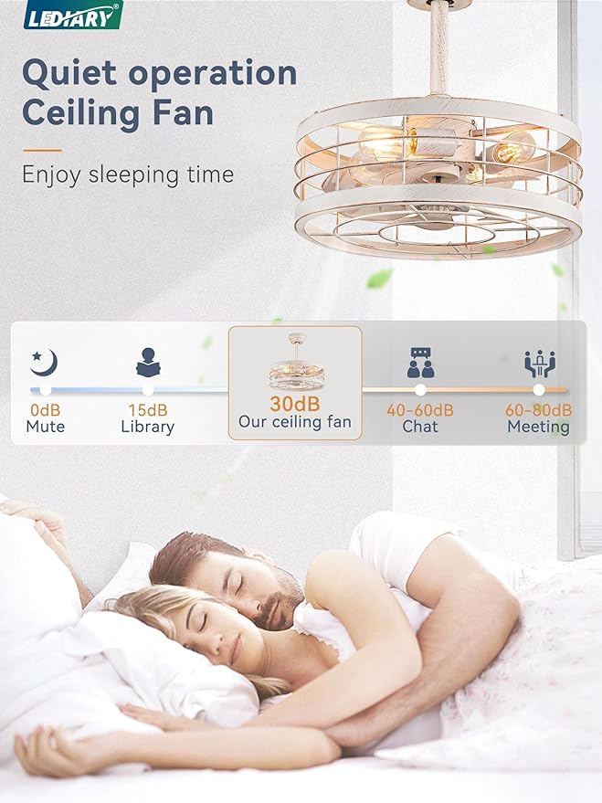 LEDIARY 16.5in Caged Ceiling Fan with Light, Fandelier Industrial Ceiling Fan with Remote, Rustic Metal Fan Lights Ceiling Fixtures for Kitchen, Farmhouse, Bedroom（6 Speed, Timing）-White and Gold