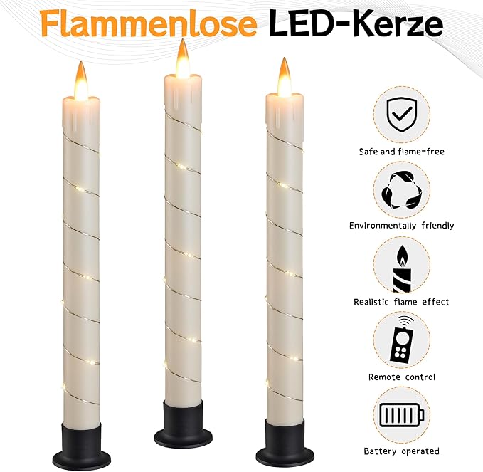 Da by 3 Pcs Flickering Flameless Battery Operated Taper Candle-Window Candles with Remote and Time-LED 3D Dynamic Flame-9.6 Inches for Wedding, Party,Home Decoration-Ivory