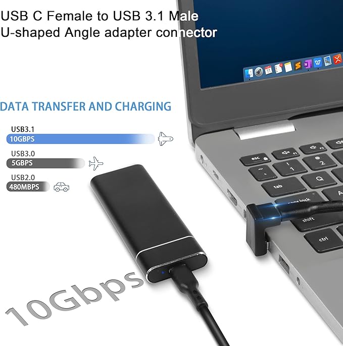 QIANRENON USB 3.1 to USB C U-Shape Angle Adapter 10Gbps USB A Male to USB C Female 180° Angle Connector, for 3A Charging OTG Data Transfer, for Laptop Tablet,2Pcs (Female up)