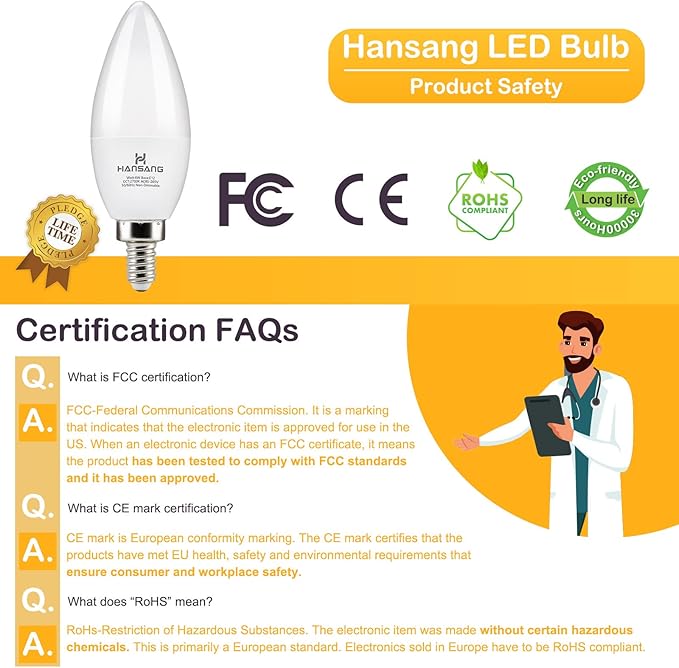 hansang Candelabra LED Bulbs,60 Watt Equivalent,600LM Warm White 2700K,Type B Light Bulb,E12 Small Base,Decorative Chandelier Bulb,Ceiling Fan Bulbs,Non-Dimmable,Pack of 6