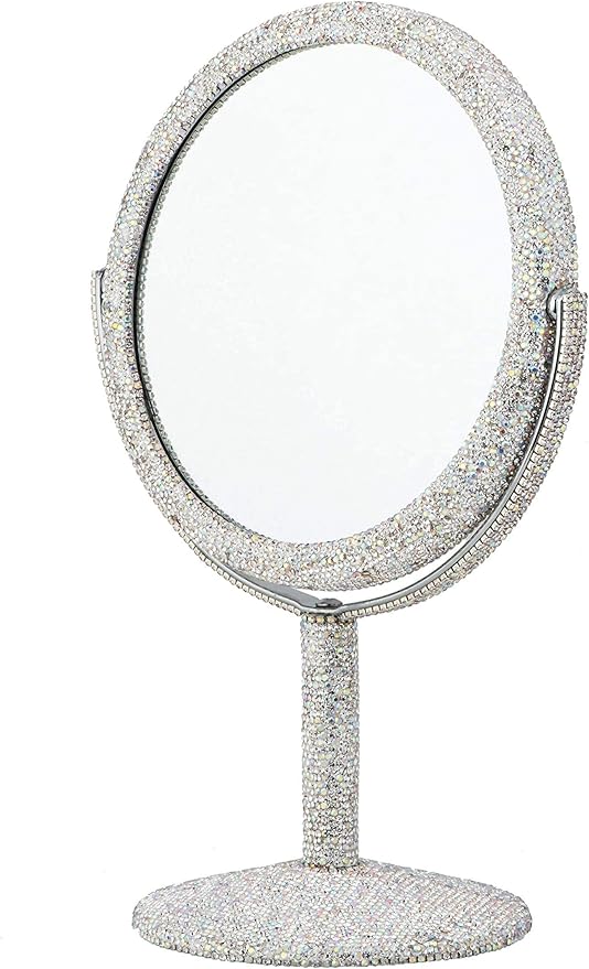 TISHAA Bling Makeup Vanity Mirror - Luxury Stand Double Sided Mirror Crystal Rhinestone Portable Desk Bathroom Bedroom (2X Magnification)
