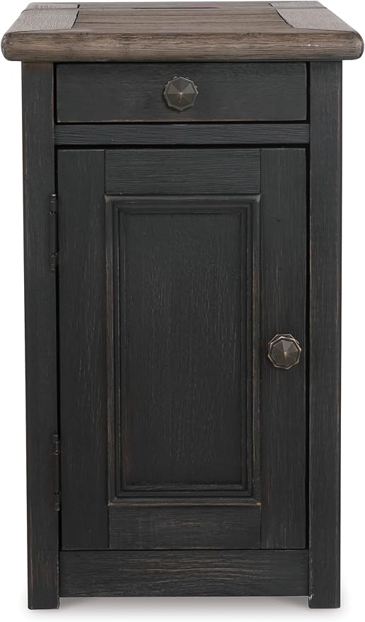 Signature Design by Ashley Tyler Creek Rustic Chair Side End Table with Pull-Out Tray & USB Ports, Brown