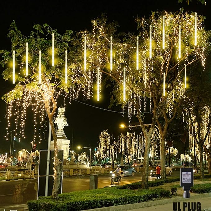 Kwaiffeo Warm White Icicle Lights Outdoor, 16-Tube Meteor Shower Lights for Christmas Thanksgiving New Year Party Yard Wedding Decor, Equivalent to 2 Sets of 8-Tubes