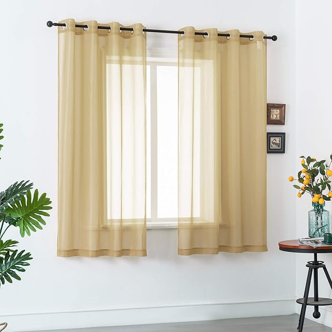DUALIFE Antique Taupe Brown Sheer Curtains Grommet Light Brown Tan Semi Voile Curtain Panels Window Drapes for Living Room and Bedroom Window Treatments 2 Panels 52 x 72 Inch Natural Taupe