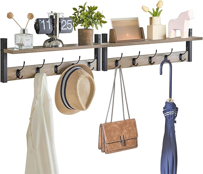 YMYNY Coat Rack Wall Mount with Shelf, 2 Pack 23.6" Coat Hooks Wall Mount, Wall Hooks for Hanging, Coat Hanger Wall Mount, Hat Rack for Wall, Towel Hooks for Bathrooms, Silver Gray UHWS004Y-2