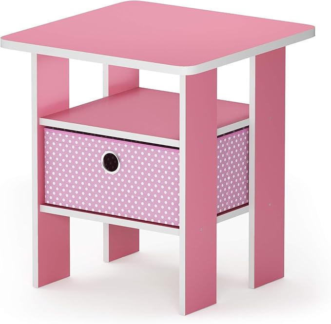Furinno ANDREY Side Table, End Table, Night Stand with Open Shelves and Storage Bin, Bedside Table, for Living Room, Bedroom, Pink