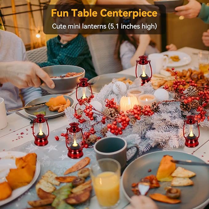 Red Mini Lanterns(12 Pcs-5.1in) with Flickering LED Candle Lights, Vintage Small Western Lanterns for Table Centerpiece, Indoor & Outdoor Christmas Tree Ornaments, Camping Party Decorations
