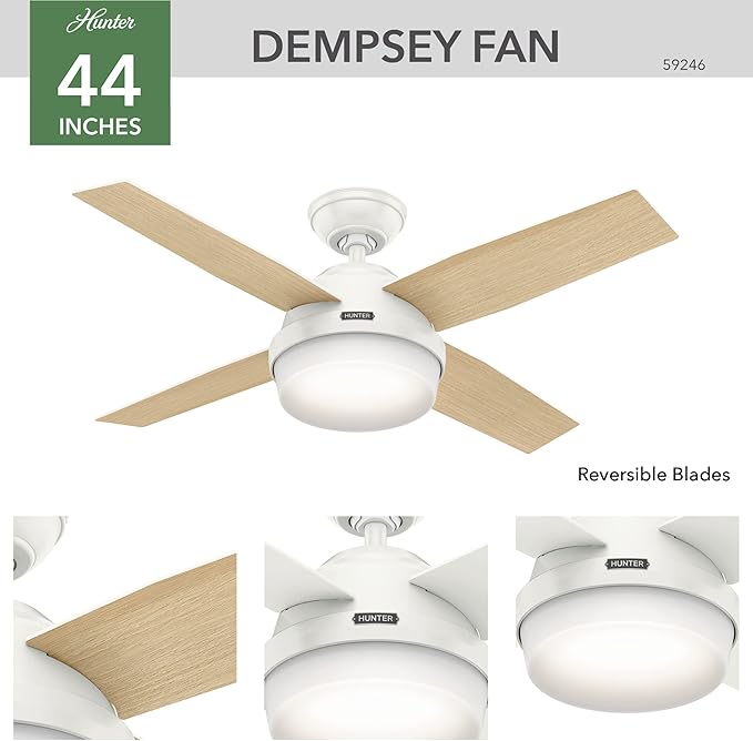 Hunter 44 inch Indoor Ceiling Fan with LED Light and Remote Control - White Modern Ceiling Fan, Standard Mount, 4 Blades, For Bedroom, Living Room, or Kitchen - Dempsey 59246, Fresh White