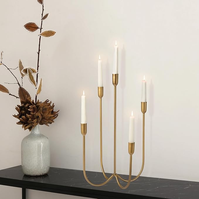 Perfnique 5-Candle Iron Candelabra, 17 Inch Antique Brass Gold Candle Holder, Hand-Forged Cast Gold Candle Holder for Wedding, Event, Christmas & Dining, Table Centerpiece Décor