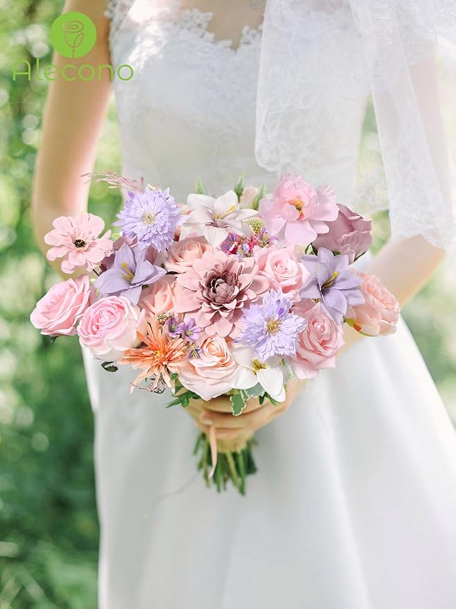 Alecono Artificial Flowers, Pink Purple Fake Flowers with Stems for DIY Wedding Bridal Bouquets, Cake Floral Arrangement Home Decor Indoor Outdoor
