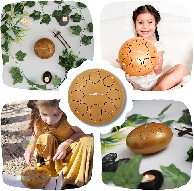 The Balmy Drum - 8 Note 6 Inch Steel Tongue Drum, Steel Drum Instrument, Drums For Children and Adults, Balmy Drum Set for Kids with Music Book, Handpan, Mallet and Carry Bag (Gold)