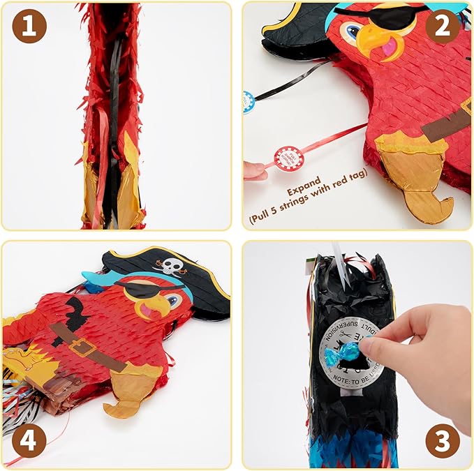 WERNNSAI Foldable Pirate Pinata - Extendable Pirate Parrot Pinata with Blindfold Bat and Tassels for Boys Pirate Birthday Party Supplies Caribbean Piñata Adventure Party Decorations 16.4” x 12.4”
