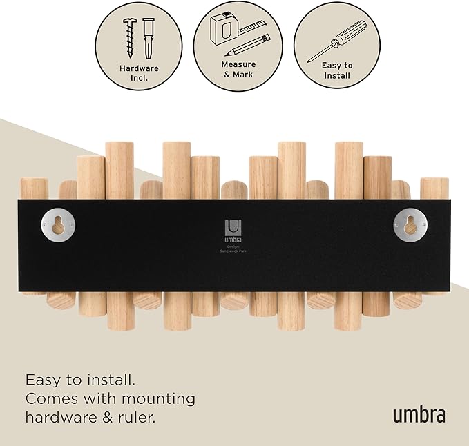 Umbra Picket 5 Hooks, Wall-Mounted Rail, Doubles as Art, Beveled Pine Wood Dowels, Natural Finish
