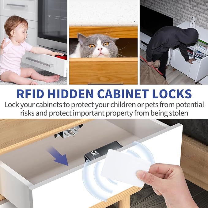 RFID Cabinet Lock, 2 Pack RFID Drawer Electronic Locks Support Phone NFC Unlocking for Locking Wooden Hidden Medicine Knife Liquors Cabinet Drawer to Prevent Theft or Children from Touching