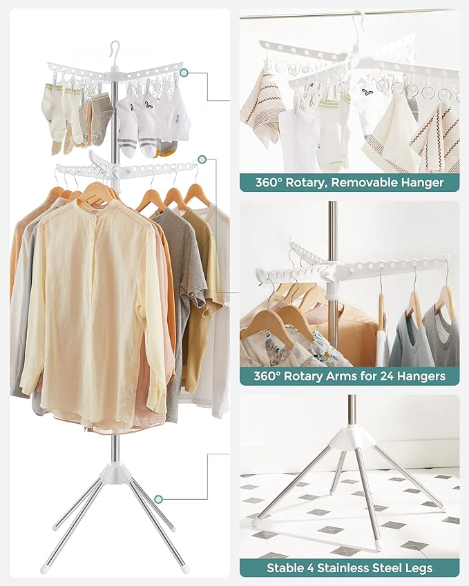 SONGMICS 2-Tier Clothes Drying Rack, 72-Inch Folding Laundry Drying Rack with 3 Rotatable Arms for Hangers, 24 Clips, Stainless Steel, for 27 Pieces of Clothes, White and Silver ULLR512W01