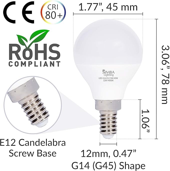 Simba Lighting LED Candelabra E12 Base G14 Small Globe 5W 40W Replacement Light Bulb (6 Pack) for Ceiling Fan, Chandelier, Vanity, Round A15 Frosted White Cover, Non-Dimmable, 4000K Natural Light