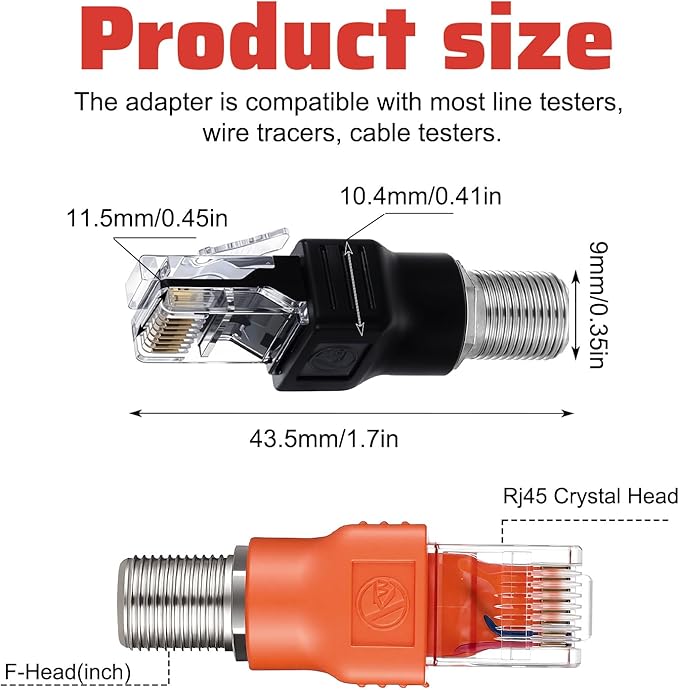 2PCS F-Type Female to RJ45 Male Coaxial Converter, F Female to RJ45 Male Ethernet Adapter, Black and Orange Coax Straight Connector Coaxial Coupler Coax Straight Connector