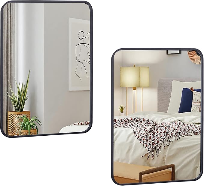 SUPER DEAL 22x30 Inch Black Wall Mirror for Bathroom, 2PCS Wall Mounted Rectangular Entryways Decor Vanity Mirrors with Stainless Steel Metal Frame and Rounded Edge