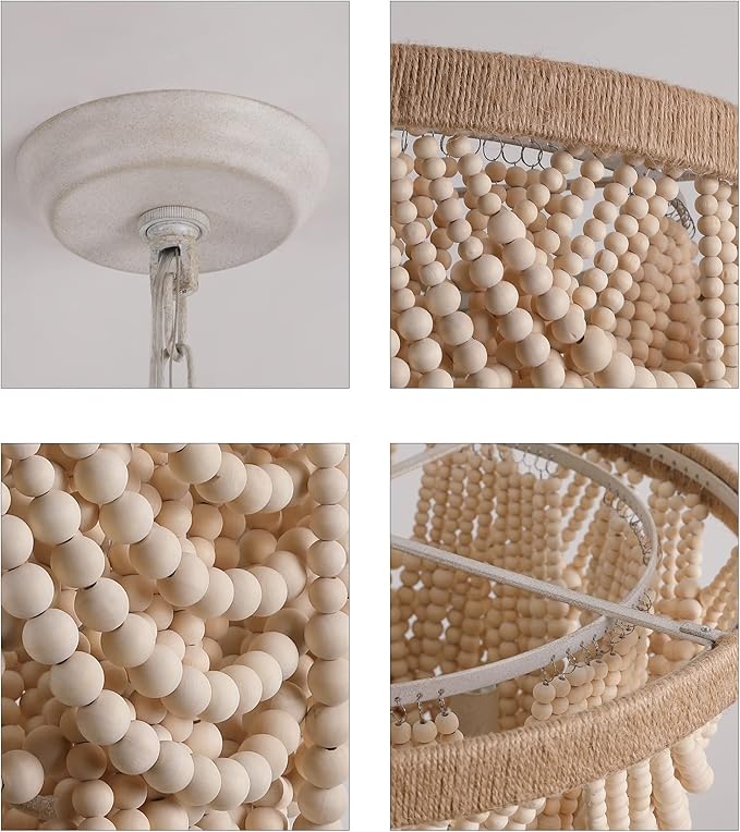 Q&S Boho Wood Beaded Chandelier,Farmhouse Coastal Large Bohemia 5 Lights for Dining Room Kitchen Living Room Entryway Foyer Hotel W19.9 UL Listed