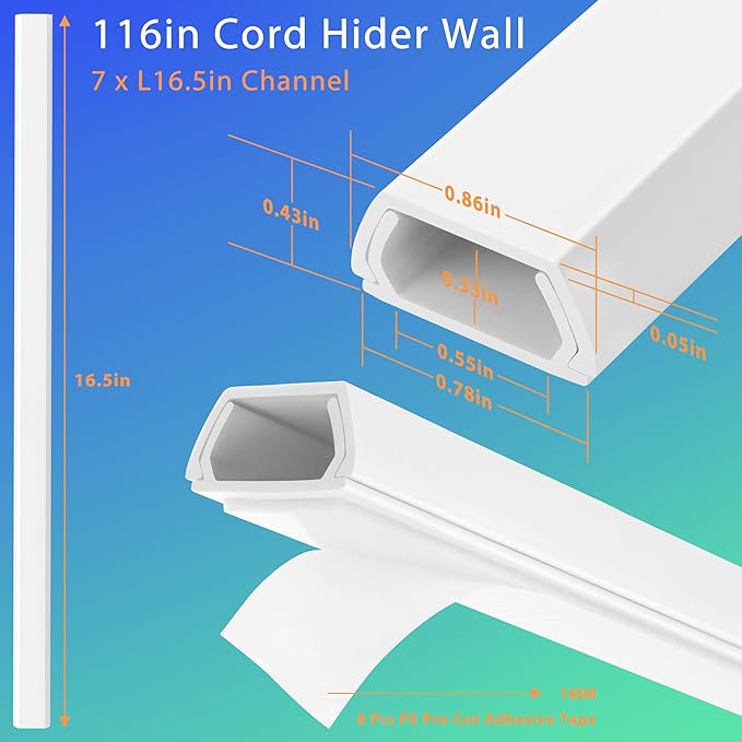Wall Cable Hider Kit, 116in TV Wire Hider for Wall, Paintable Cord Hider Wall, Cord Organizer Hide 1-2 Cords Wall Mounted TV, Wire Cover for Wall, Cord Concealer 7XL16.5 W0.86 H0.43in, White