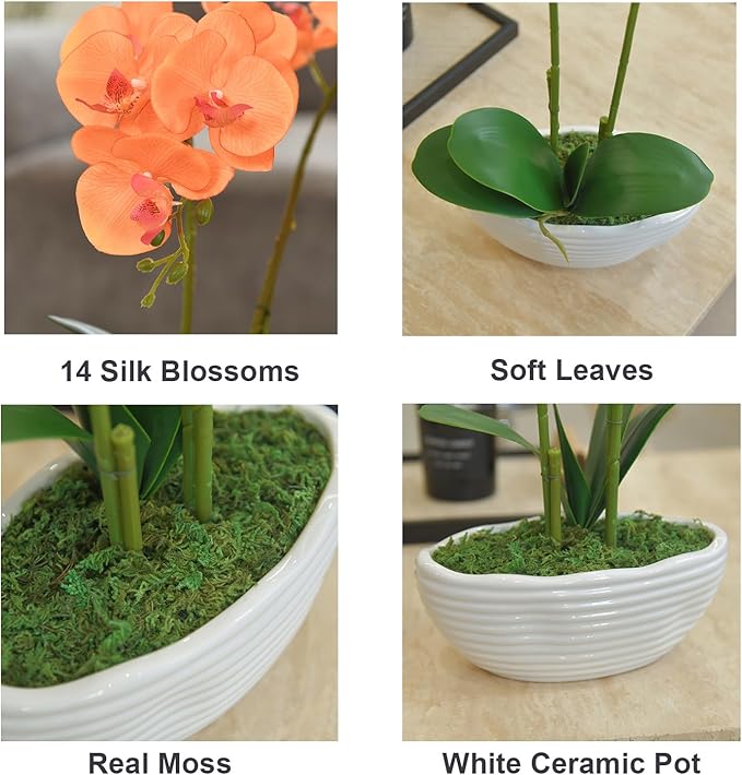 Large Artificial Potted Orchid Plant, Silk Flower Arrangement with Ceramics Vase, Orange