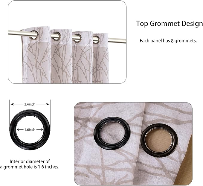 BONZER Mix and Match Curtains - 2 Pieces Branch Print Sheer Curtains and 2 Pieces Blackout Curtains for Bedroom Living Room Grommet Window Drapes, 54x84 Inch/Panel, Taupe, Set of 4 Panels