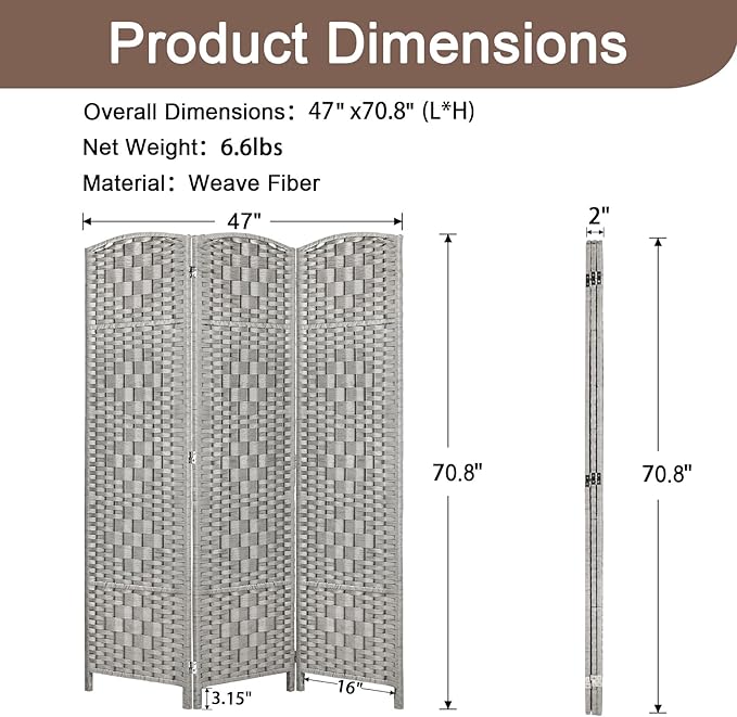 Rose Home Fashion 6 ft Tall Room Divider, Room Dividers and Folding Privacy Screens, 15.7in Privacy Screen 3 Panel Partition Temporary Wall Separation for Private, Stone Grey