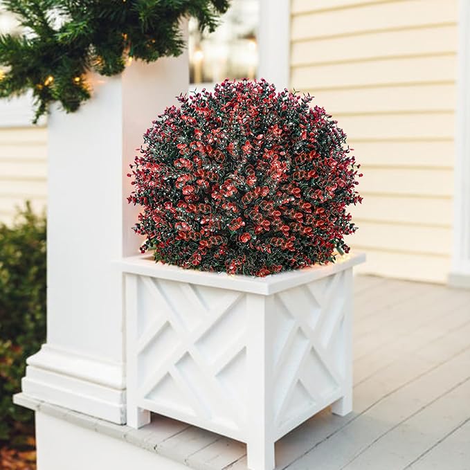 2 Pack Xmas Artificial Boxwood Topiary Ball Tree with Spike Christmas Yard Decoration, 24" Outdoor Faux Shrub Bushes Topiaries Plant, UV Resistant Fake Boxwood Plants for Porch Potted Planter Pathway