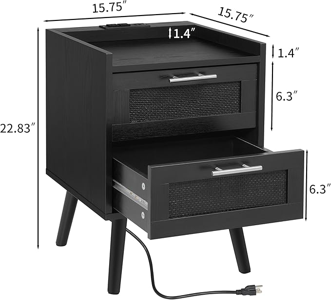 Finnhomy Nightstand with Charging Station, Bedside Table with 2 Hand Made Rattan Decorated Drawers, Night Stand with Storage for Bedroom, Full Black, Set of 2