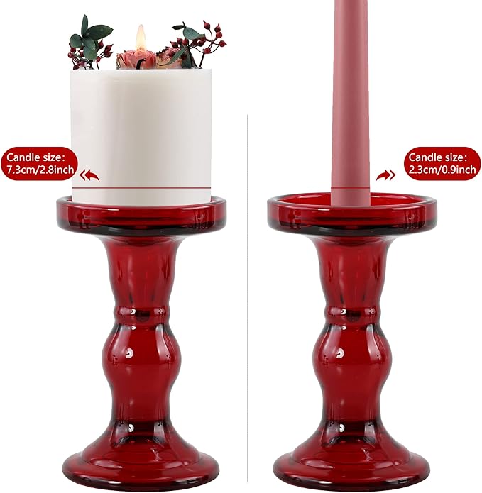 GMWD 3 Pcs Red Glass Candle Holder Set Clear, Christmas Candlesticks Holders Pillar Taper Candles Tealight Stand for Wedding Centerpieces Home Decorations Dining Table