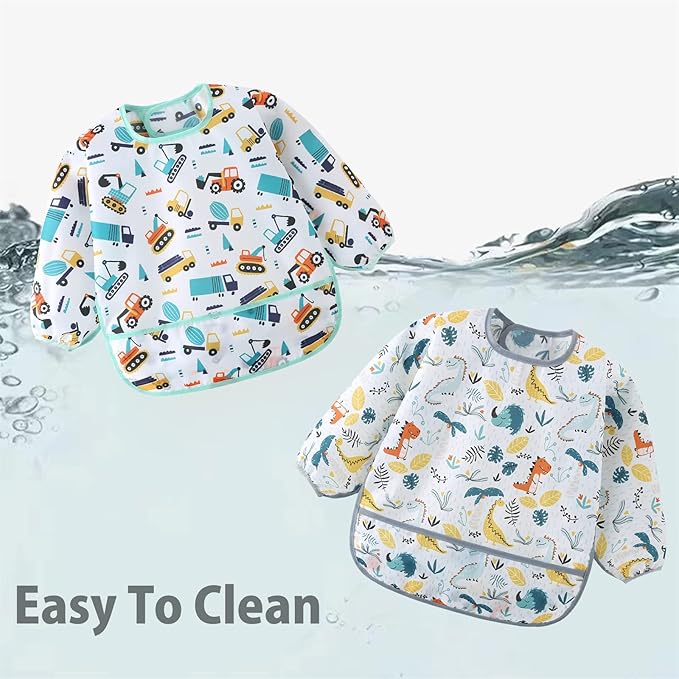 5 Pack Long Sleeve Bib,Baby Toddler Waterproof Sleeved Bib for 6-30 Months Reusable with Catch-all Pocket