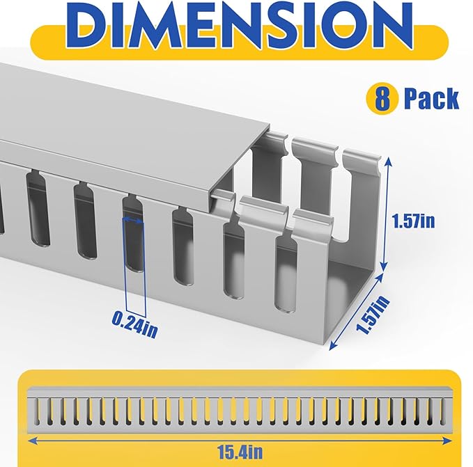 Open Slot Wiring Raceway Cable Duct, 123in Cable Management Channel Cord Track,Desk Wire Channel, Under Desk Cable Management to Hide Cables, Wires for Computers (Grey, 1.57" Hx1.57 W, 15.4''L(8 Pc))