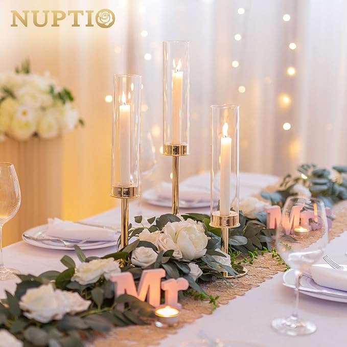 Nuptio Glass Hurricane Candle Holder: Set of 6 Gold Candlestick Holders - Long Stem Taper Candleholders for Christmas Tabletop Centerpiece Fireplace Decor Cylinder Candle Stand Windproof 14" 16" 18"