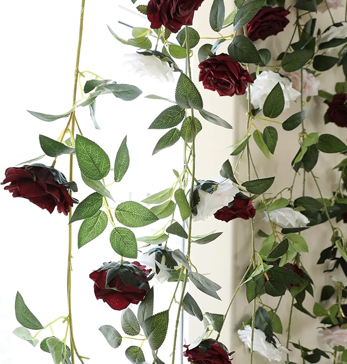 2 Strands 73'' Artificial Silk Rose Flower Vines Garland, Fake Roses Floral Green Leaves Hanging Plant for Wedding Arrangement Decoration, Wall, Party, Bedroom, Home Decor (Burgundy)