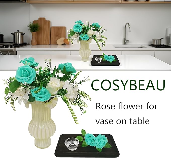 Artificial Rose Flowers 25pcs, Turquoise Blue Foam Fake Rose Faux Flower for Wedding Bouquets Bridal Shower Centerpieces Floral Arrangements Home Decorations Party Backdrops Table