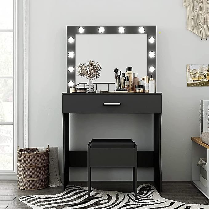 Vanity Desk, Makeup Vanity with Mirror and Lights, Adjustable Brightness and Sturdy Wood Vanity Large Drawer, 31.5in, Black