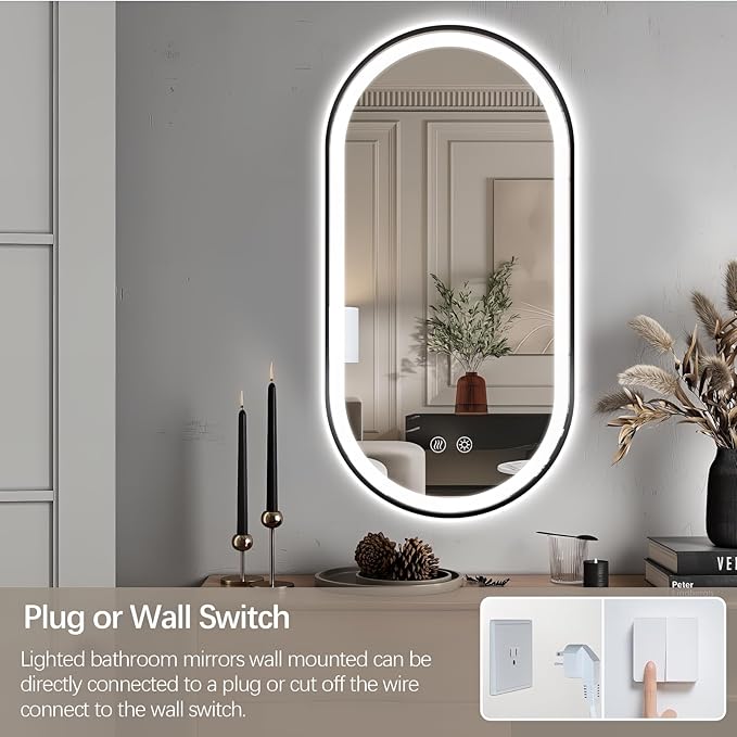 Niccy Oval LED Mirror for Bathroom, 48x24 Front Lit + Backlit Vanity Mirrors with Light Anti-Fog, Shatter-Proof, 3 Colors, Makeup Mirror with Black Frame (Horizontal/Vertical)