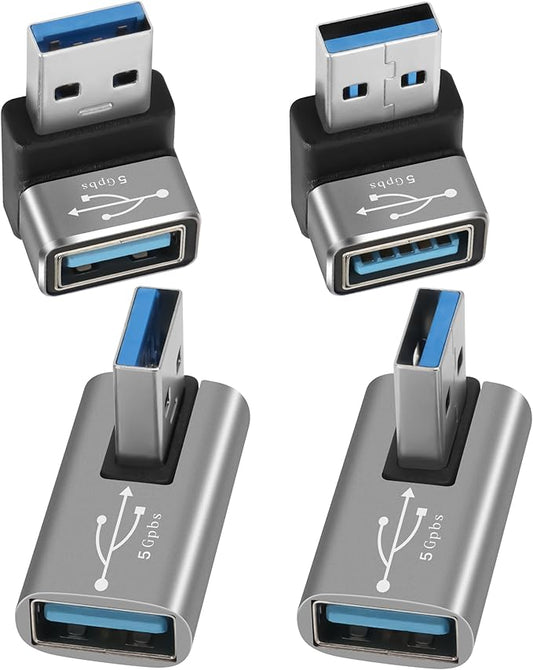90 Degree USB 3.0 Adapter 4 Pack, Up and Down & Left and Right Right Angle USB A Male to Female Connector Converter USB L Shape Extender, Support Charge & Data Sync for PC, Laptop, Mouse, Keyboard