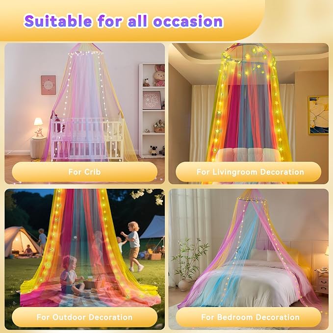 Obrecis Bed Canopy with Lights, Rainbow Bed Canopy for Girls Princess,Canopy Bed Curtains Bedroom Decor for Girls,Fits Single, Twin, Full, Queen Size Kids